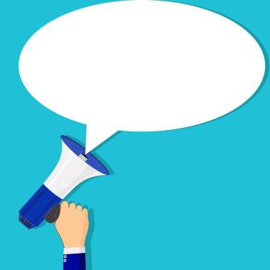 Bir iş adamının eli megafonu tutar ve konuşma baloncukları olur. İş fikirleri. Reklam ve pazarlama. Vektör illüstrasyonu