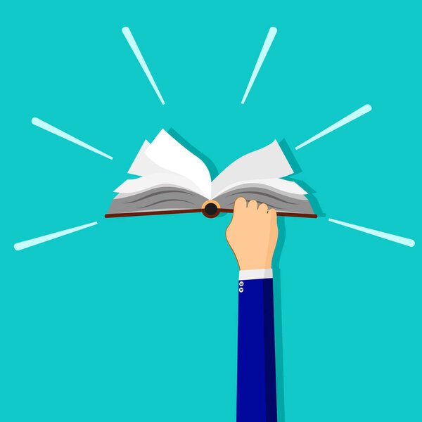 The business man's hand holds the book. Business idea. Finding knowledge in doing business. Vector illustration eps