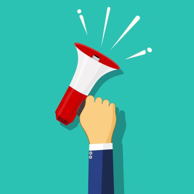 İnsan eli megafonu tutuyor. Sosyal medya pazarlama konsepti. vektör illüstrasyonu