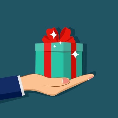 Hediye kutusunu ver. Hediye vermek için fikirler. Özel gün hediyesi. Düz stil. vektör