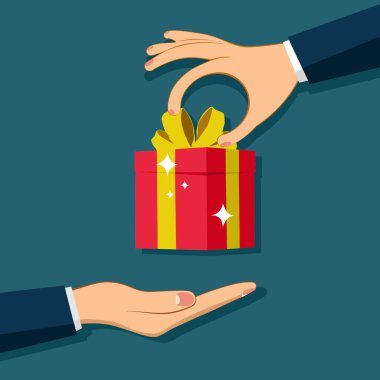 İş adamı başka bir iş adamına hediye kutusu veriyor. Ofis bayramı kutlaması. eps