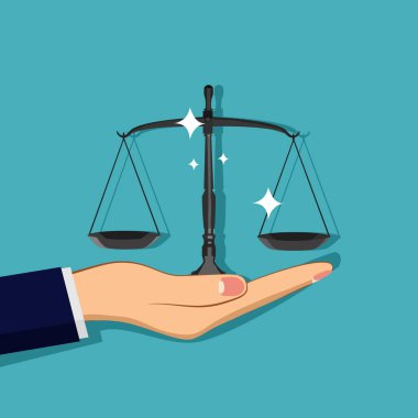 İş adamları terazi tutar. İş yapma kavramı adilce. Vektör illüstrasyonu