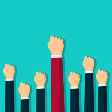 İnsanlar ellerini kaldırsın. Liderlik savaşları. Haklar için savaşma kavramı. Devrim ya da protesto. vektör