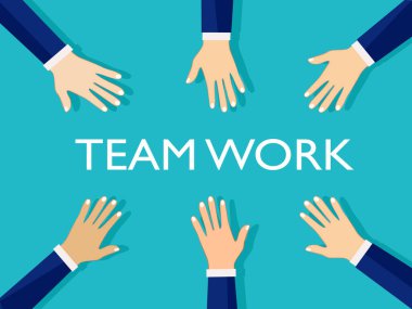 İş adamlarının elleri birlikte çalışıyor. Takım çalışması. Birbirimize yardım ediyoruz. vektör