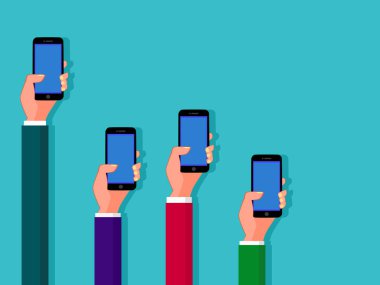 Telefonları tutan eller. Mobil uygulama kavramı. Vektör illüstrasyonu