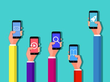 Telefonunu tut. Konsept çevrimiçi çalışıyor ve mobil uygulama kullanıyor. Vektör illüstrasyonu