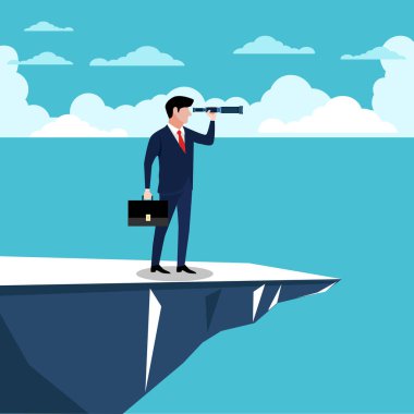 Uçurumdan teleskopla bakan iş adamlarıyla vizyon sahibi liderlik kavramı