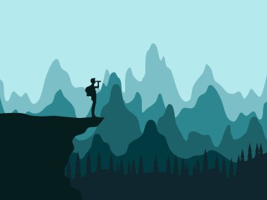 Uçurumun kenarındaki bir turistin silueti dürbüne bakar. Ormanın manzarası. vektör