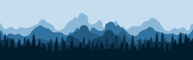 Sis ve ormanla kaplı güzel koyu mavi dağ manzarası. Vektör illüstrasyonu