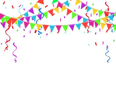 Konfeti ve Kurdeleli Renkli Parti Bayrakları Şeffaf Arkaplanda Düşüyor