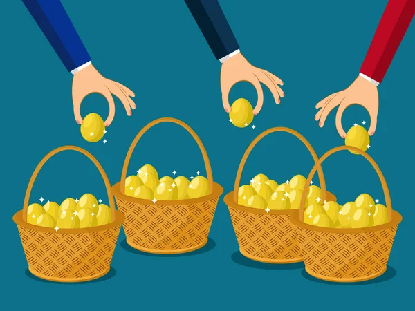 商人在一个篮子里分配一个以上的鸡蛋 业务分配概念矢量 — 图库矢量图片