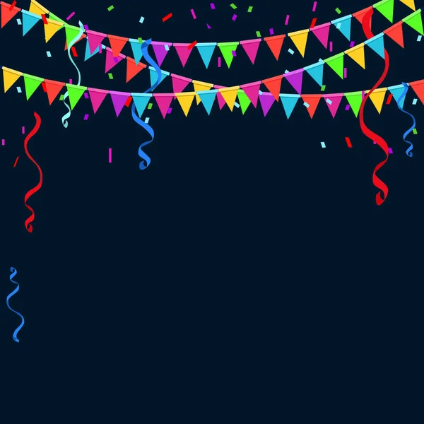 Colorful Party Flags Confetti Ribbons Falling Celebrate Banner Vector — Stock Vector