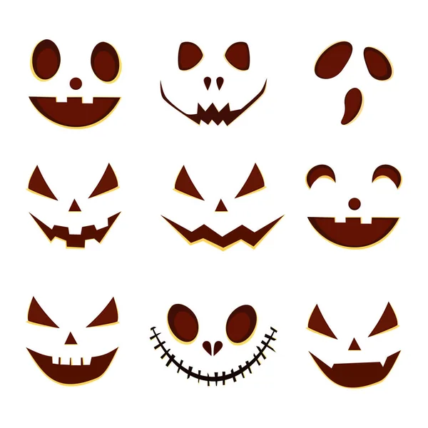 Gruselige Und Lustige Gesichter Von Halloween Kürbissen Oder Gespenstern Vector — Stockvektor
