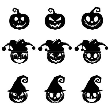 Beyaz arkaplan vektöründe izole edilmiş Cadılar Bayramı balkabağı kümesi