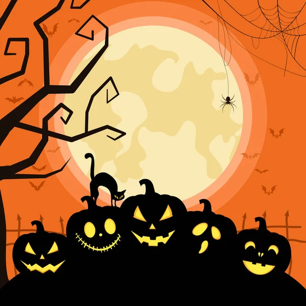 Calabazas Murciélagos Halloween Bajo Luz Luna Ilustración Vectorial Eps — Vector de stock