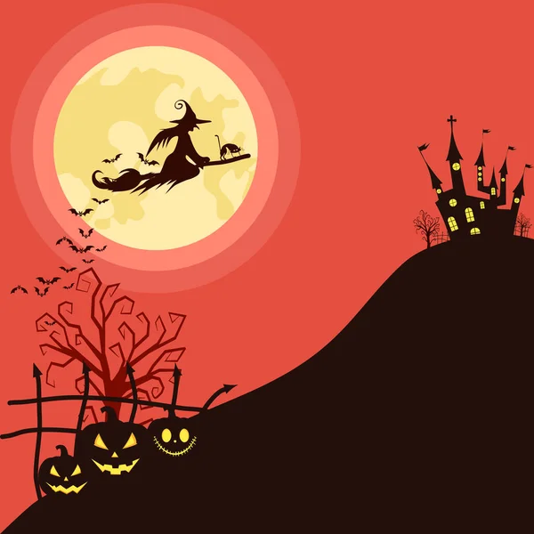 Halloween Fullmoon Banner Bruxa Casa Assombrada Vetor Abóboras Morcegos — Vetor de Stock