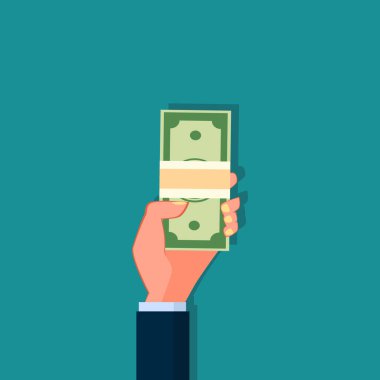 El ele tutuşan para fatura vektörü. İnsan eli para verir. Vektör illüstrasyonu