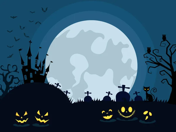 Abóboras Halloween Castelo Escuro Fundo Lua Site Assustador Vetor Modelo — Vetor de Stock