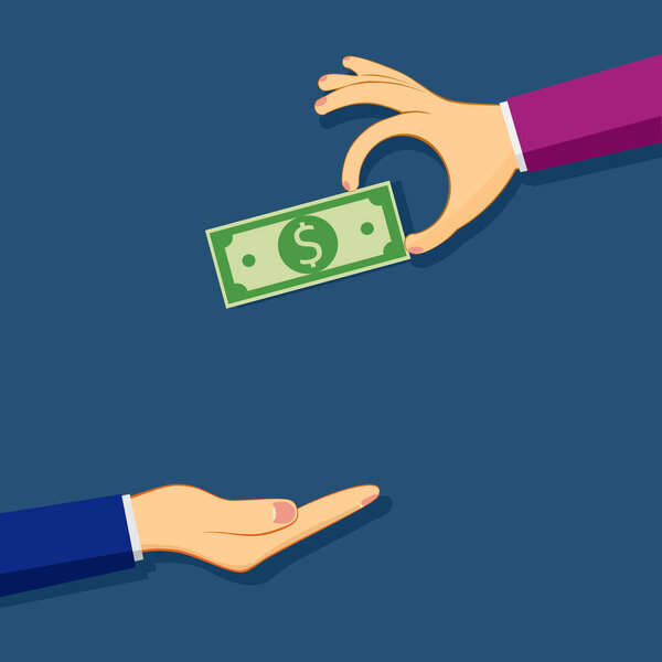 Человеческая рука дает деньги другой руке. Держать банкноты. Векторные иллюстрации