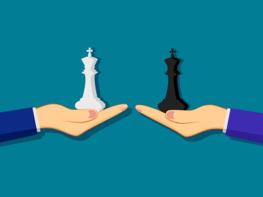 İş adamı satranç taşlarını elinde tutuyor. İş rekabeti kavramı. Vektör illüstrasyonuName