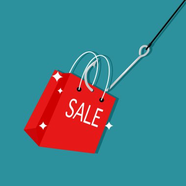 Alışveriş torbasıyla olta. Satış ve iş kavramları. vektörler