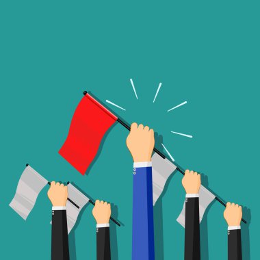 Bir iş adamı diğer işadamlarına karşı kırmızı bayrak sallar. Ticari başarı vektörünün konsept tasarımı