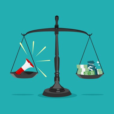 Megafon ve terazide para. Pazarlama yaklaşımı para kazandırıyor. Vektör illüstrasyonu