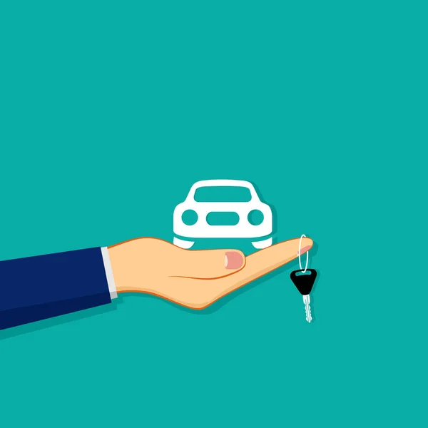 Satıcı, anahtarlığı alıcıya veriyor. Araba kiralama ya da satış konsepti. vektör illüstrasyonu