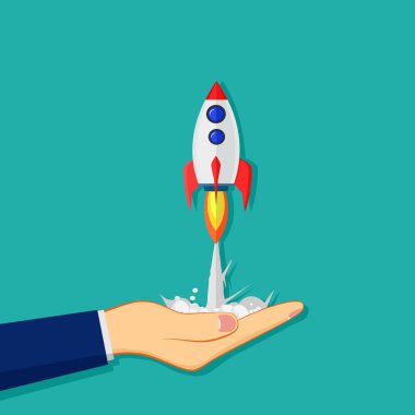 Roket fırlatma vektörü. konsept. İş yapmaya başladım. Yeni şeyler yapmaya başla.