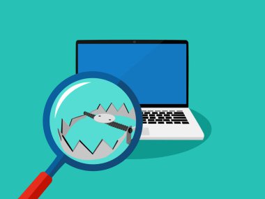 Büyüteç ve laptop. Teknoloji tuzağı konsepti. Vektör illüstrasyonu