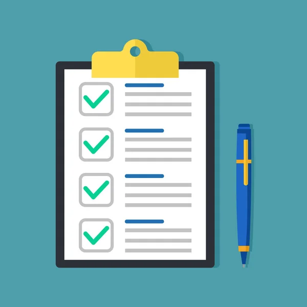 Yeşil işaretli pano kontrol işaretleri ve kalem. Kontrol listesi vektörleri