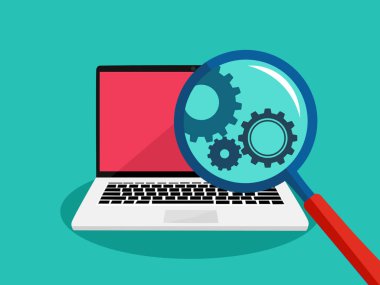 Büyüteç ve dizüstü bilgisayarda dişli. Bilgisayar işleme vektörü kavramı