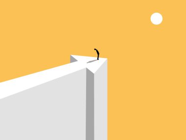 Başarı, bir uçurumun kenarında duran iş adamı, yeni bir yön gösteren oklar.