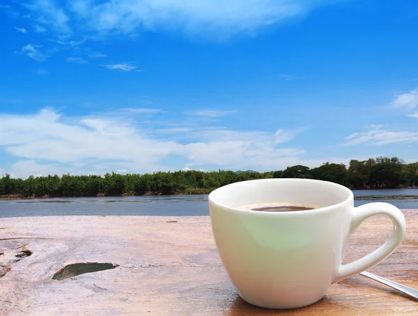 Coffee Cup Put Old Wood Table Lake Blue Sky Background Stock Image