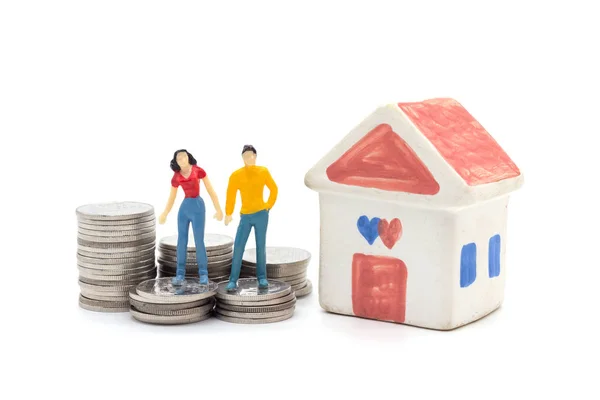 Miniature People Husband Wife Standing House Stack Coins Saving Loan — Stock Photo, Image