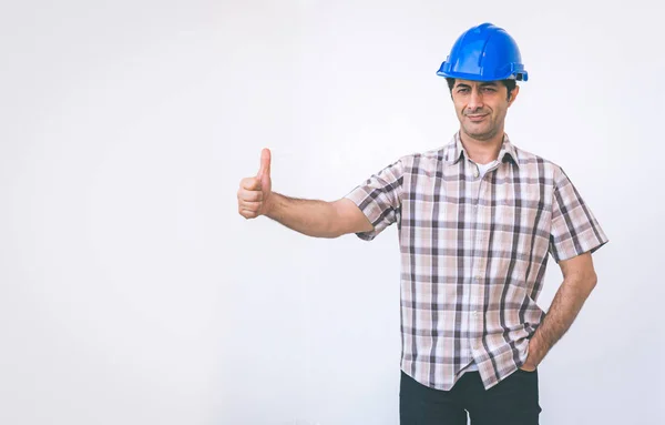 Arabové Inženýr Muž Nosí Modré Víčko Ochrannou Přilbu — Stock fotografie