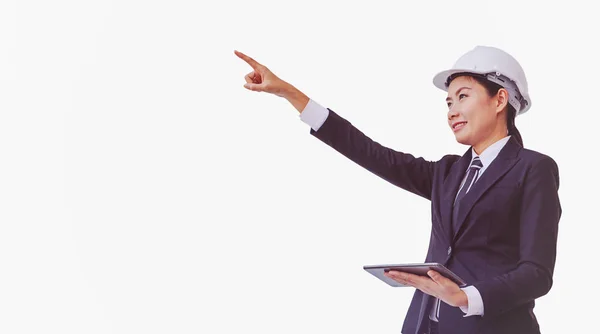 Young Business Woman Suit Protective Helmet Using Digital Tablet — Stock Photo, Image