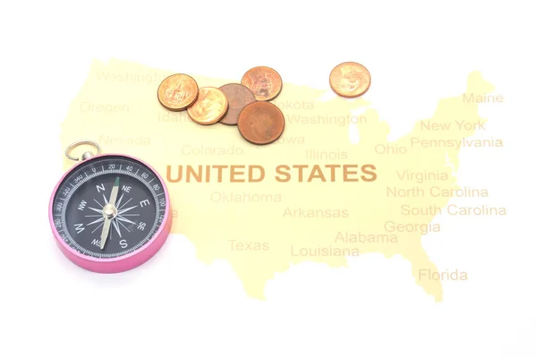 Bússola Moedas Mapa Americano Viagens Negócios Concep — Fotografia de Stock