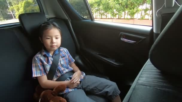 Happy Little Girl Wearing Seatbelts Car — Stock Video