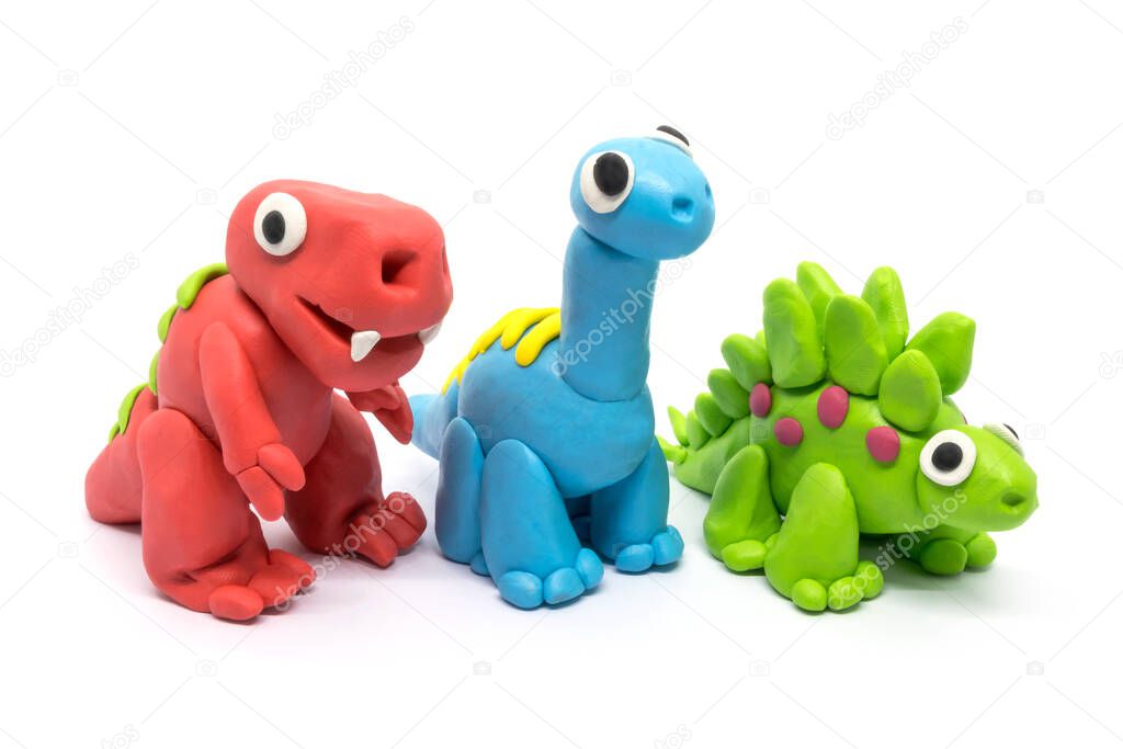 Play dough group Tyrannosaurus, Brachiosaurus, Stegosaurus, on white background