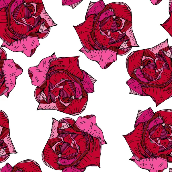红色粉红色玫瑰花手画图案背景矢量 — 图库矢量图片