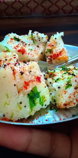 Rava Upma Uppuma 남부인 디언의 식사는 접시에 담았다 선택적 — 스톡 사진