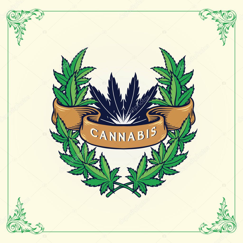 Illustrations Marijuana leaves frame With Cannabis Ribbon 