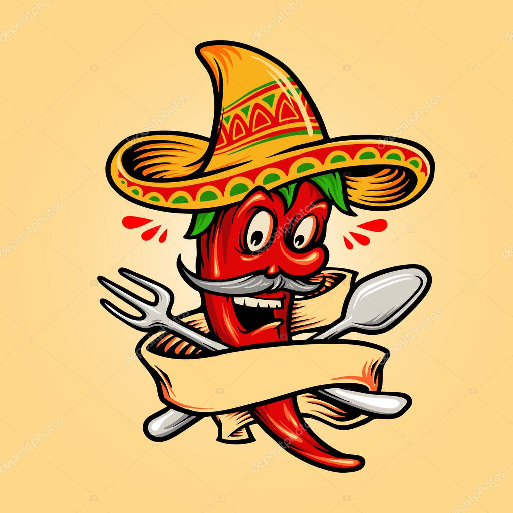 Logo Restaurant Mexican Red Hot Chili Pepper with Banner Mascot for food and drink