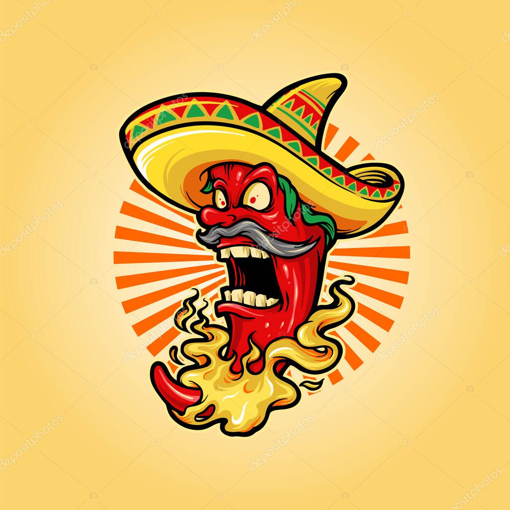 Mexican Red Hot Chili Pepper with hat icon Mascot Logo for restaurant food and drink