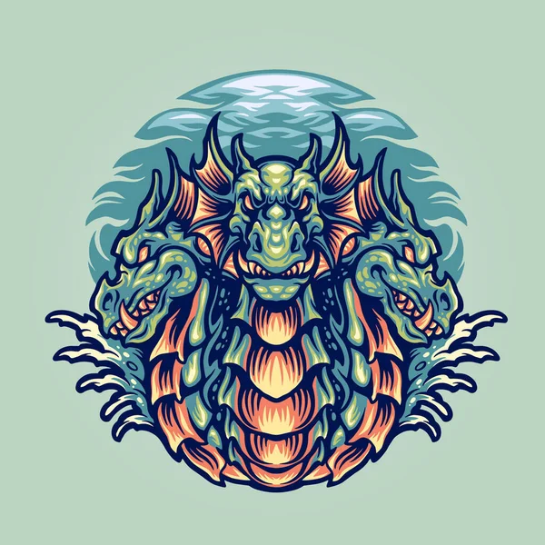 Талисман Персонажа Dragon Hydra Illustrations Merchandise Clothing Line — стоковый вектор