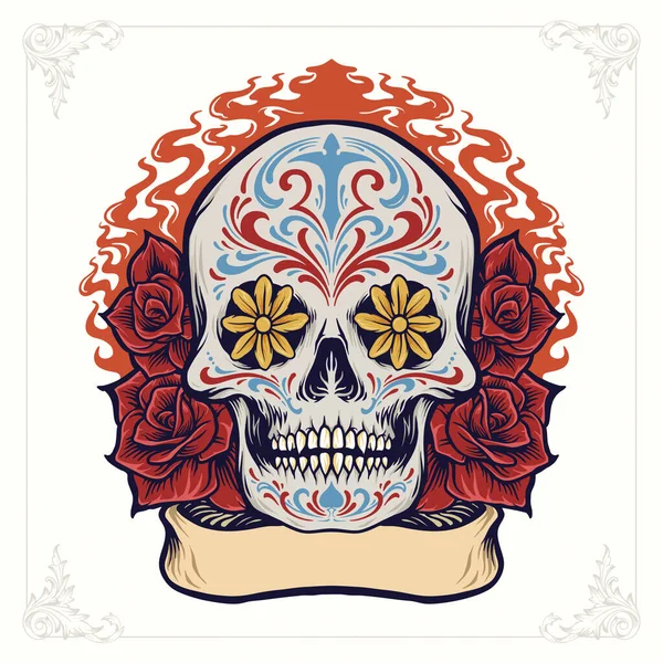 Sugar Skull Dia Los Muertos Roses Ribbon Merchandise Sticker Clothing — Stock Vector