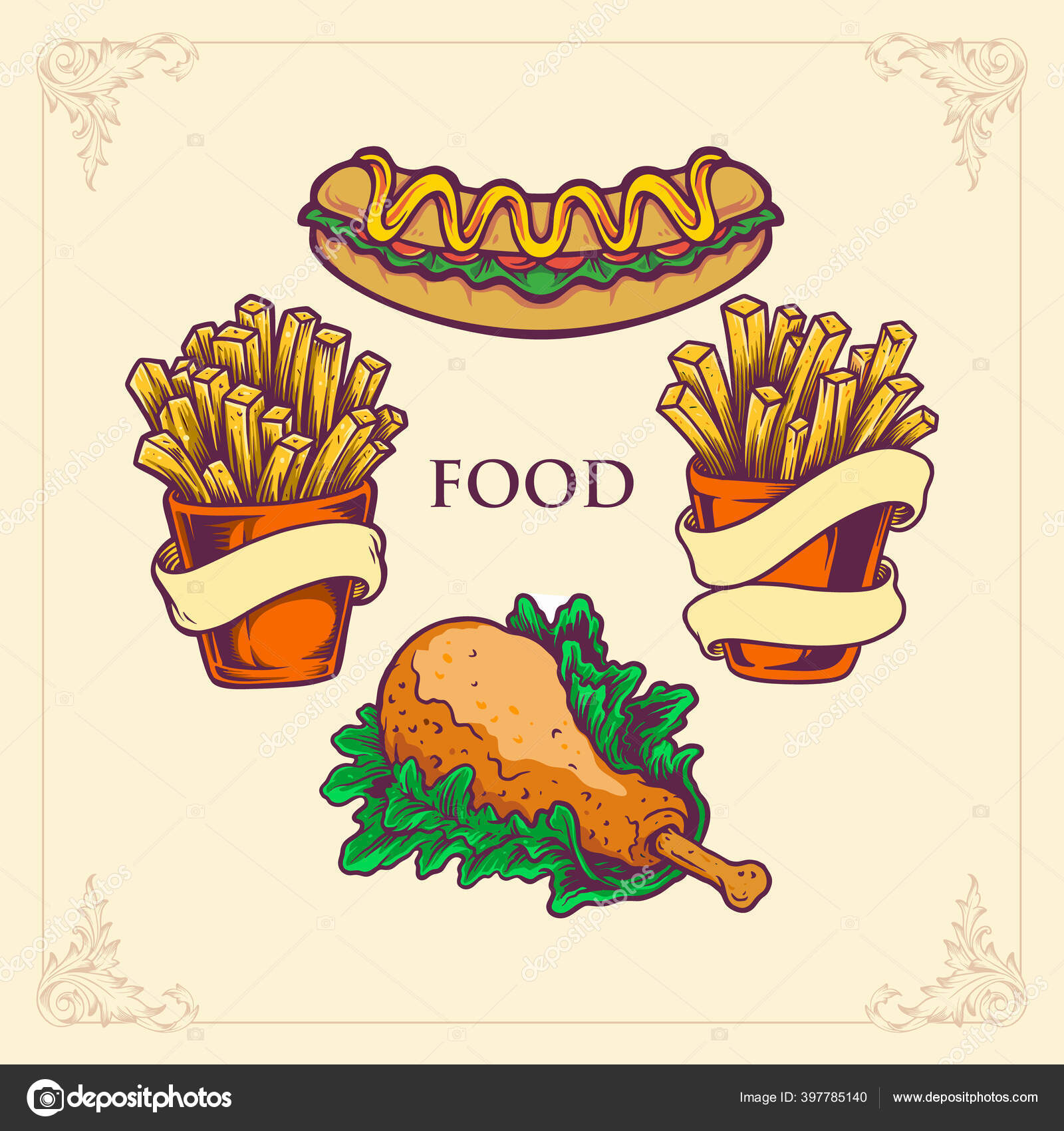 Comida Rápida Cachorro Quente Batatas Fritas Frango Feito Desenho Animado  Vetor de ©artgrarisstudio.gmail.com 397785140, image size:1600x1700