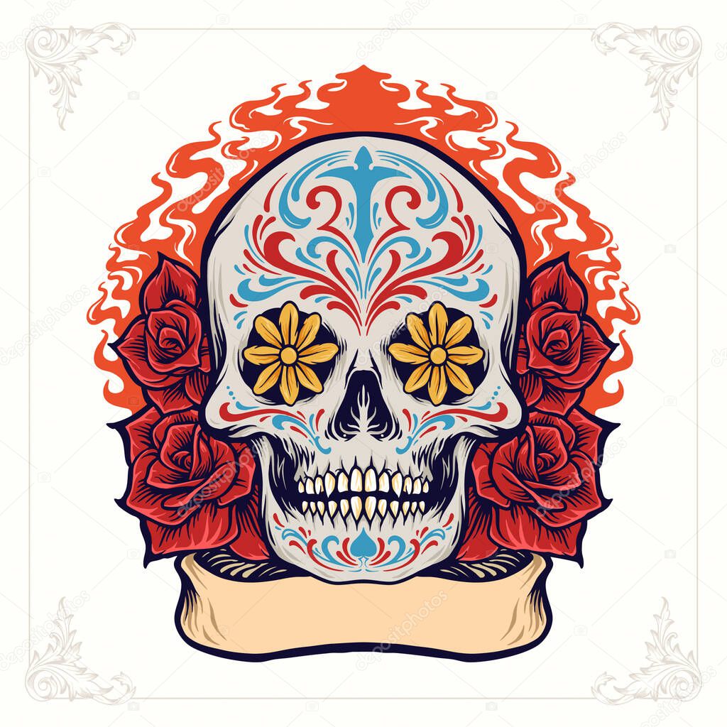 Sugar Skull Dia De Los Muertos with Roses and Ribbon for merchandise and sticker clothing line Brand