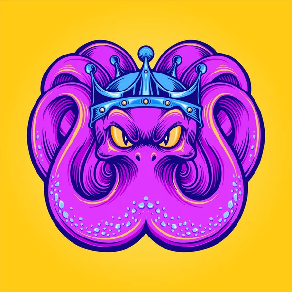 King Kraken Mascota Pulpo Con Corona Ilustraciones Para Logotipo Línea — Archivo Imágenes Vectoriales